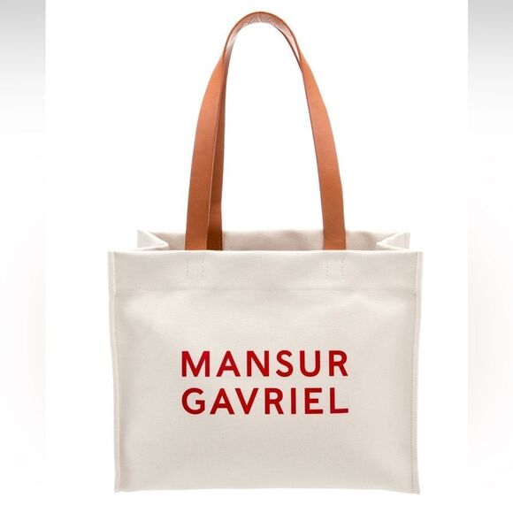 Mansur Gavriel Canvas with Leather Straps Logo Graphic Tote Bag - Picture 1 of 6